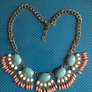 GOLD TONE CHANDELIER BIB NECKLACE, BLUE,WHITE, PEACH BEADS